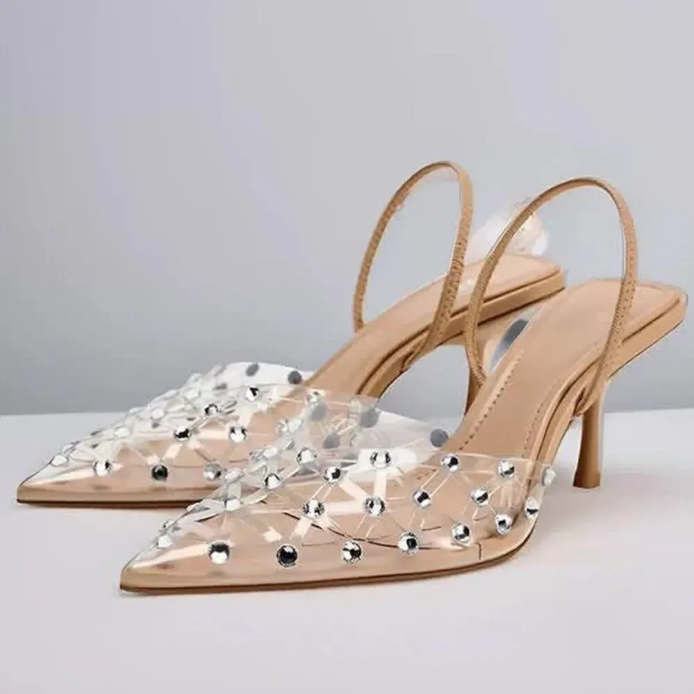 ZARA Rhinestone Slingback Heels NWT Clear Vinyl Pointed Toe Bridal Shoes Size 8